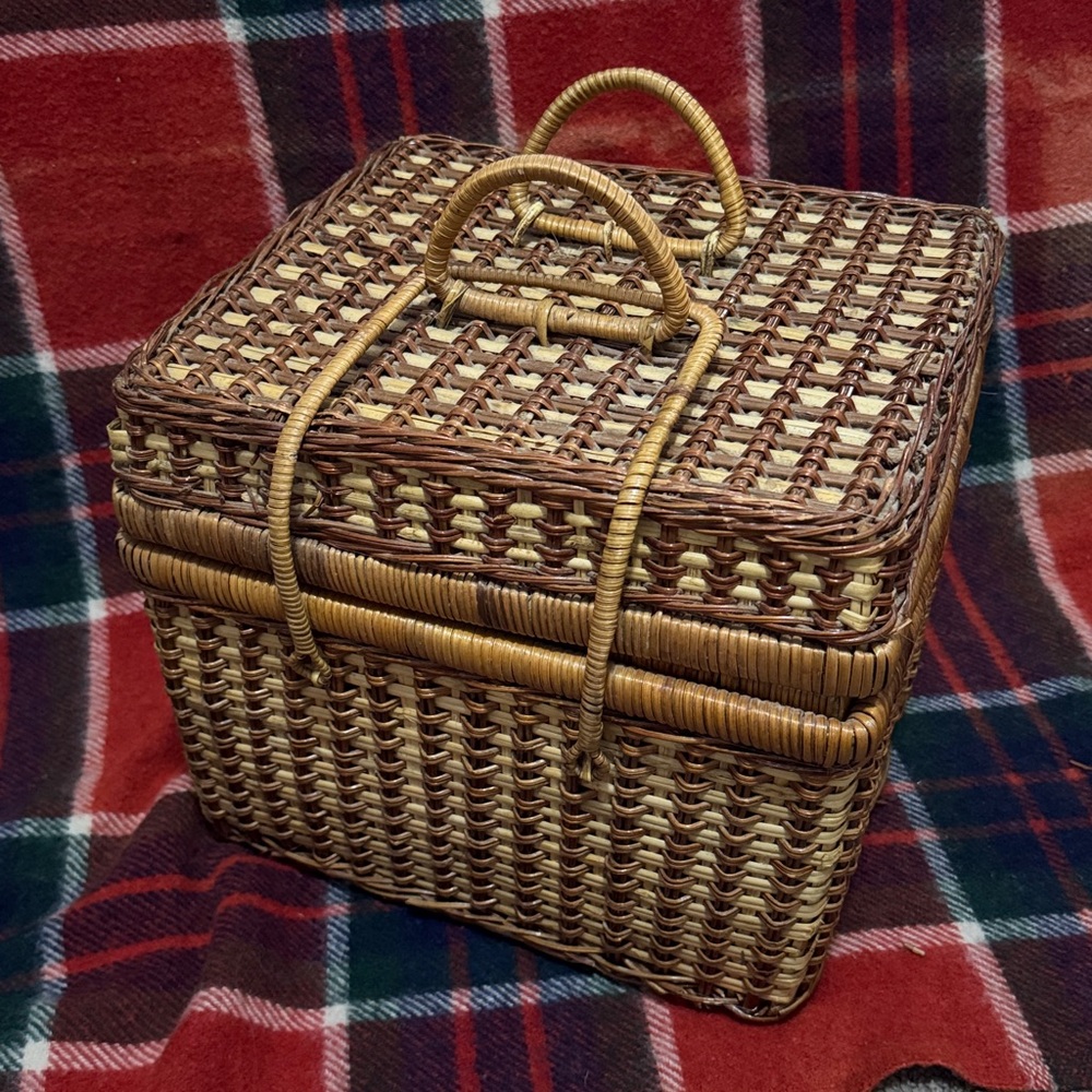 Stunning Wicker Picnic Basket-Gingham Cloth Interior-Intact Handles/Closure